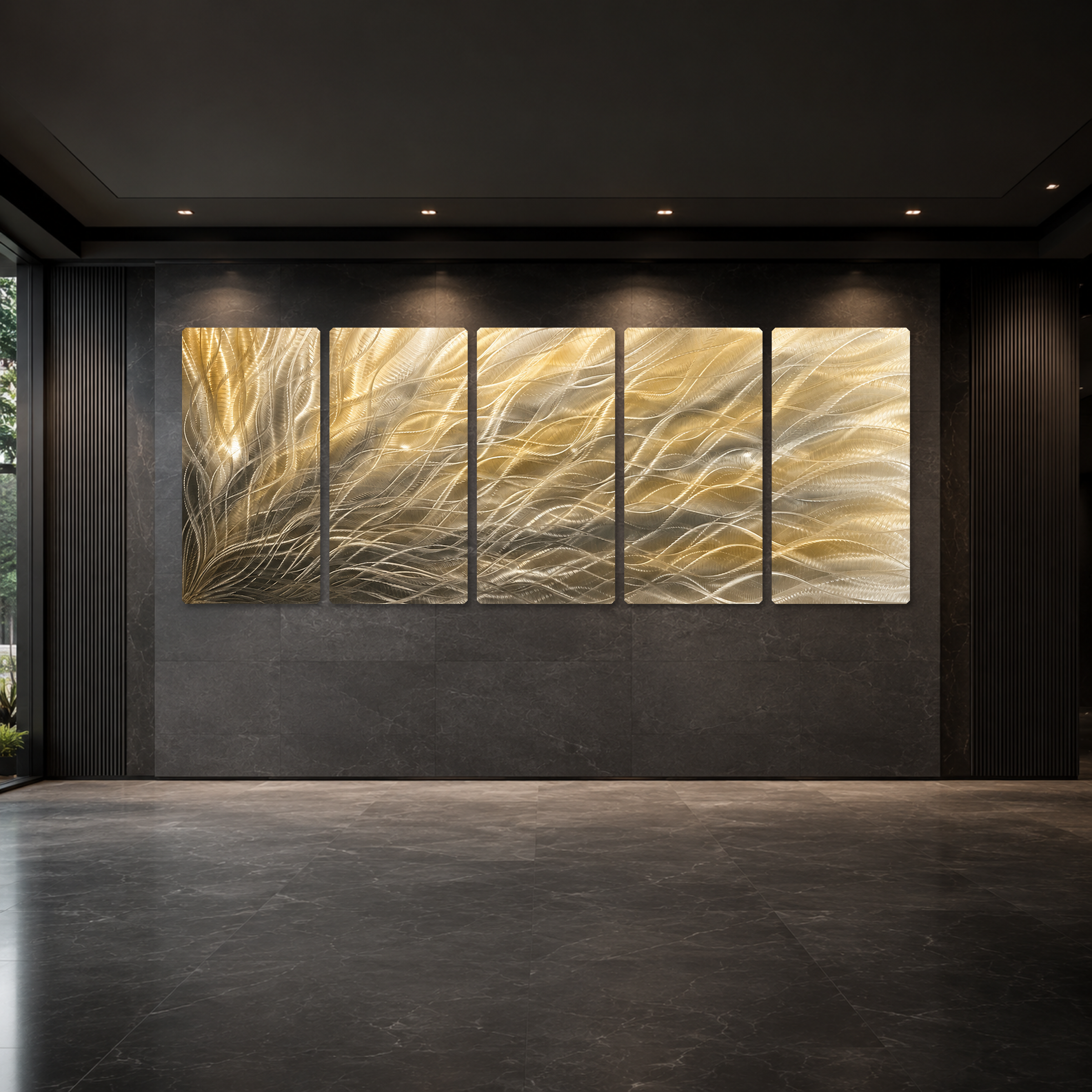 Gold Silver Metal Wall Art, 5 Panel Abstract Metal Wall Sculpture, Large Modern Wall Decor, Textured Contemporary Artwork for Living Room