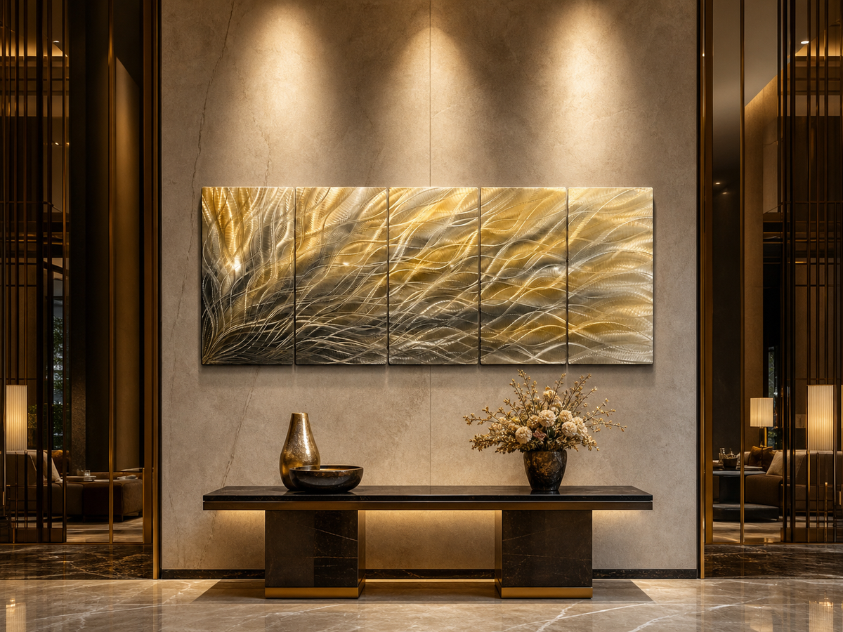 Gold Silver Metal Wall Art, 5 Panel Abstract Metal Wall Sculpture, Large Modern Wall Decor, Textured Contemporary Artwork for Living Room