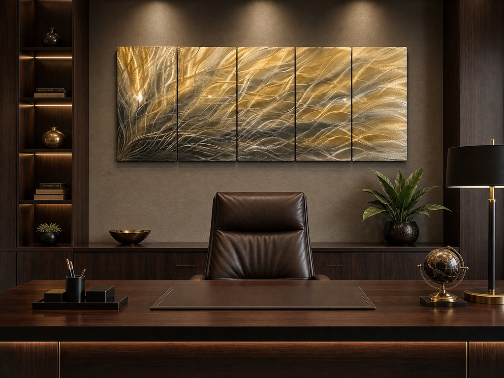 Gold Silver Metal Wall Art, 5 Panel Abstract Metal Wall Sculpture, Large Modern Wall Decor, Textured Contemporary Artwork for Living Room