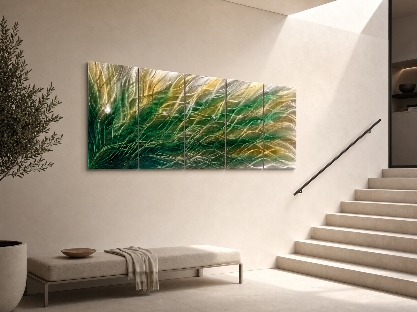 Large Blue Metal Wall Art, Hand-Textured Silver Aluminum Wave Sculpture