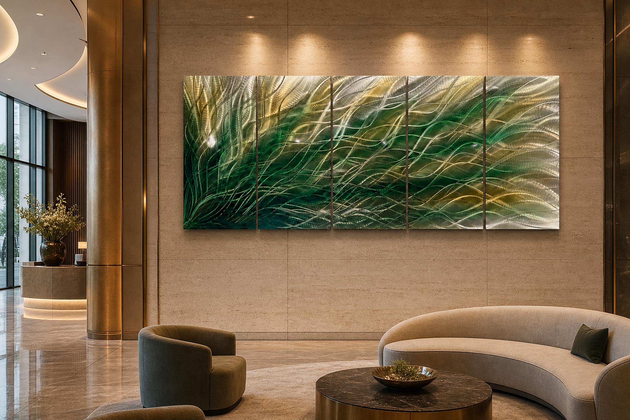 Large Blue Metal Wall Art, Hand-Textured Silver Aluminum Wave Sculpture
