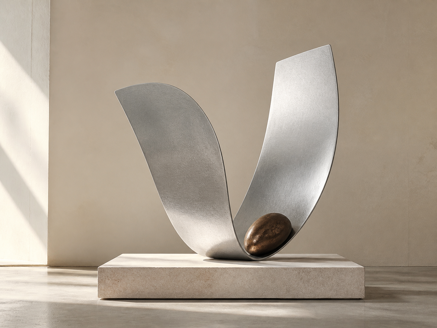 Sculpture collection illustration showing a silver curved form